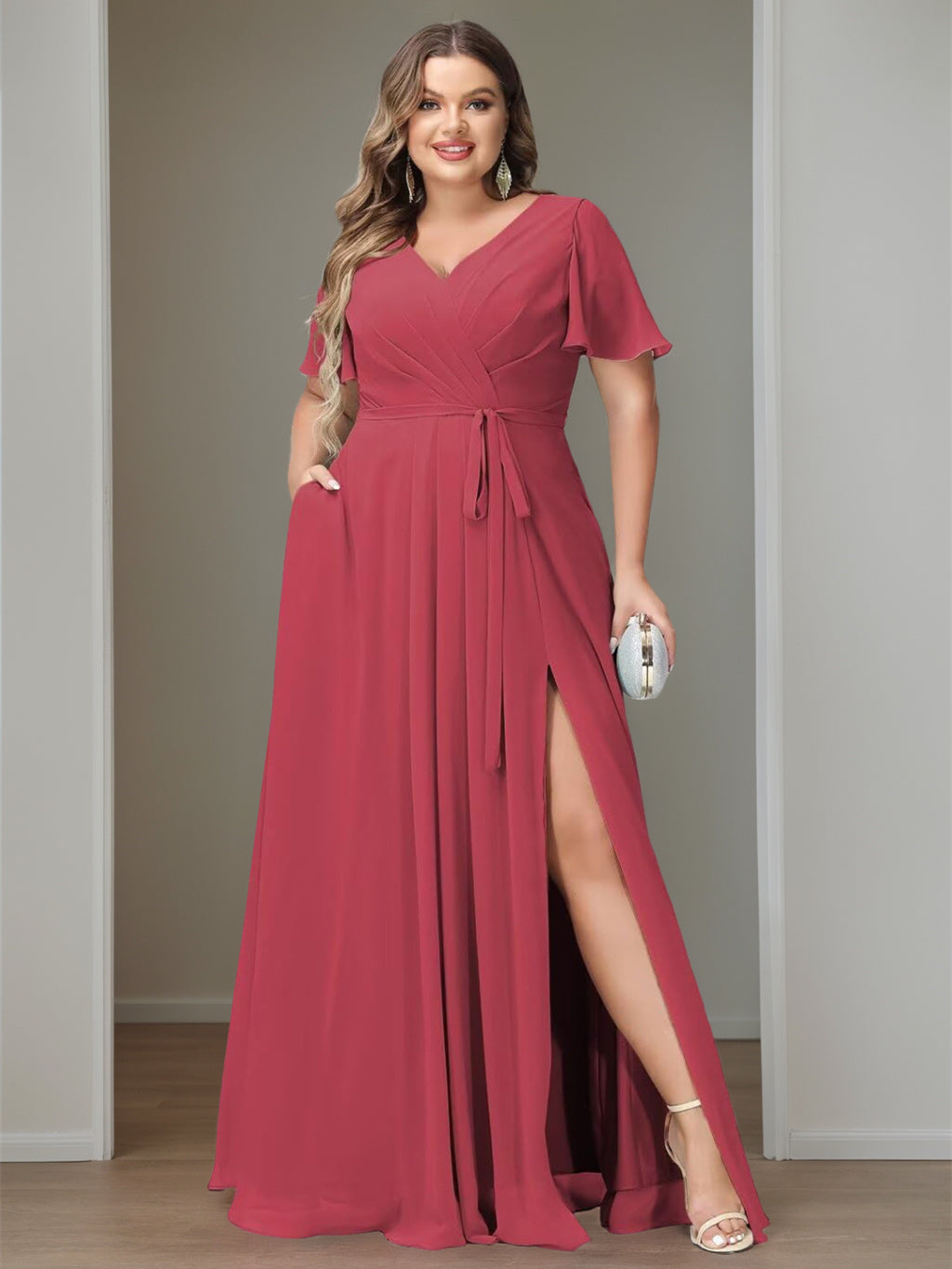 A-Line/Princess Chiffon V-Neck Short Sleeves Floor-Length Bridesmaid Dresses