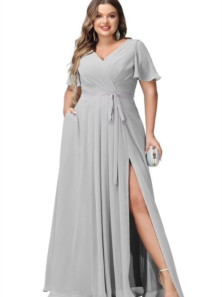 A-Line/Princess Chiffon V-Neck Short Sleeves Floor-Length Bridesmaid Dresses