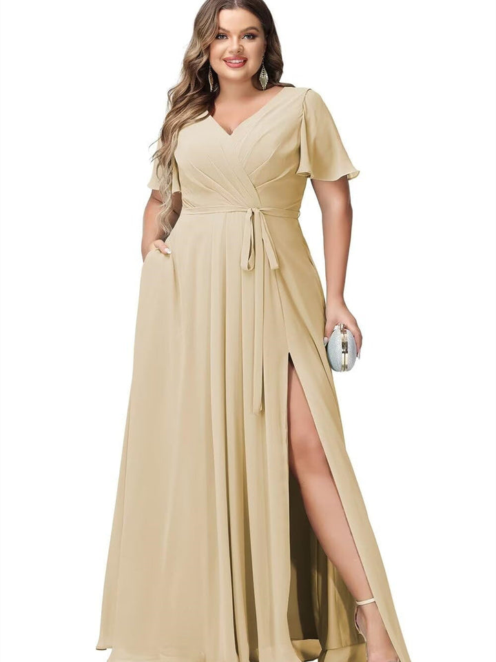 A-Line/Princess Chiffon V-Neck Short Sleeves Floor-Length Bridesmaid Dresses
