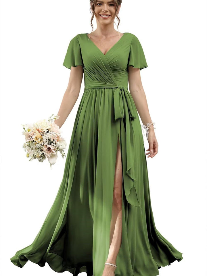 A-Line/Princess Chiffon V-Neck Short Sleeves Floor-Length Bridesmaid Dresses