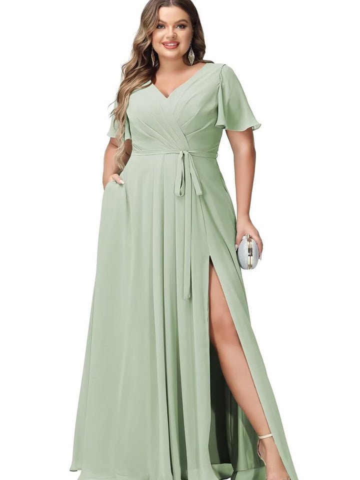 A-Line/Princess Chiffon V-Neck Short Sleeves Floor-Length Bridesmaid Dresses