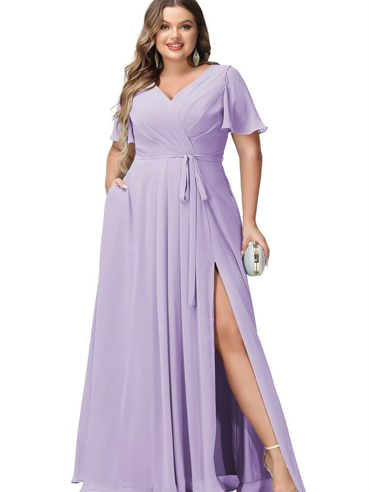 A-Line/Princess Chiffon V-Neck Short Sleeves Floor-Length Bridesmaid Dresses