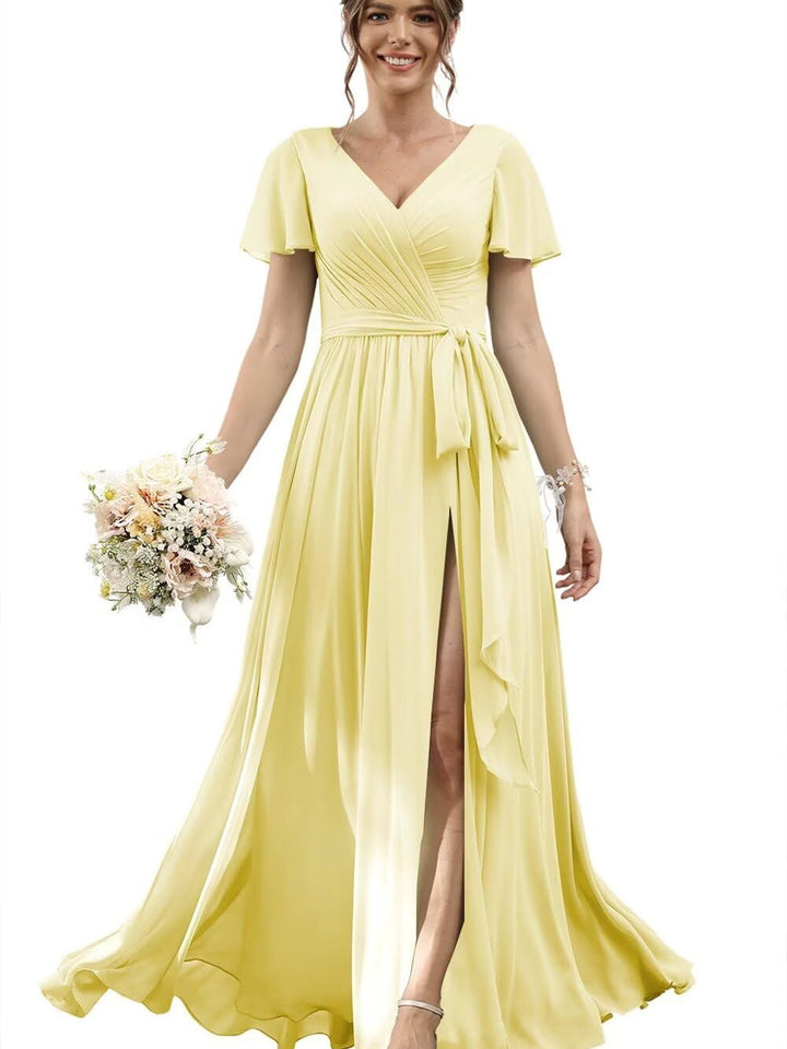 A-Line/Princess Chiffon V-Neck Short Sleeves Floor-Length Bridesmaid Dresses