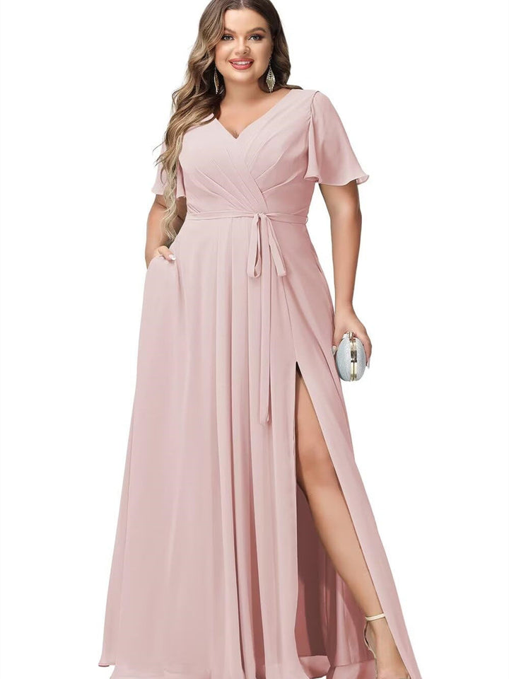 A-Line/Princess Chiffon V-Neck Short Sleeves Floor-Length Bridesmaid Dresses