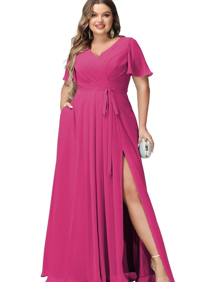 A-Line/Princess Chiffon V-Neck Short Sleeves Floor-Length Bridesmaid Dresses