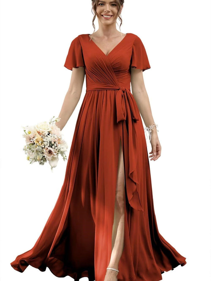 A-Line/Princess Chiffon V-Neck Short Sleeves Floor-Length Bridesmaid Dresses