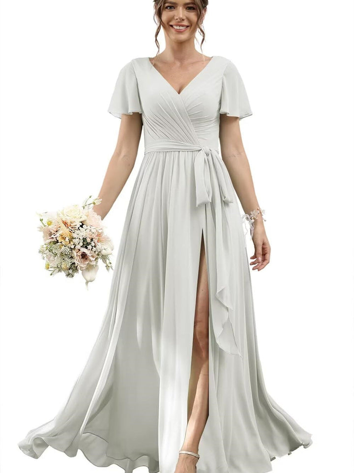 A-Line/Princess Chiffon V-Neck Short Sleeves Floor-Length Bridesmaid Dresses