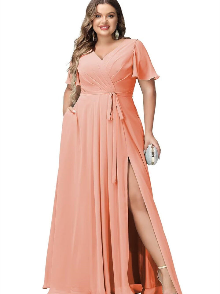 A-Line/Princess Chiffon V-Neck Short Sleeves Floor-Length Bridesmaid Dresses