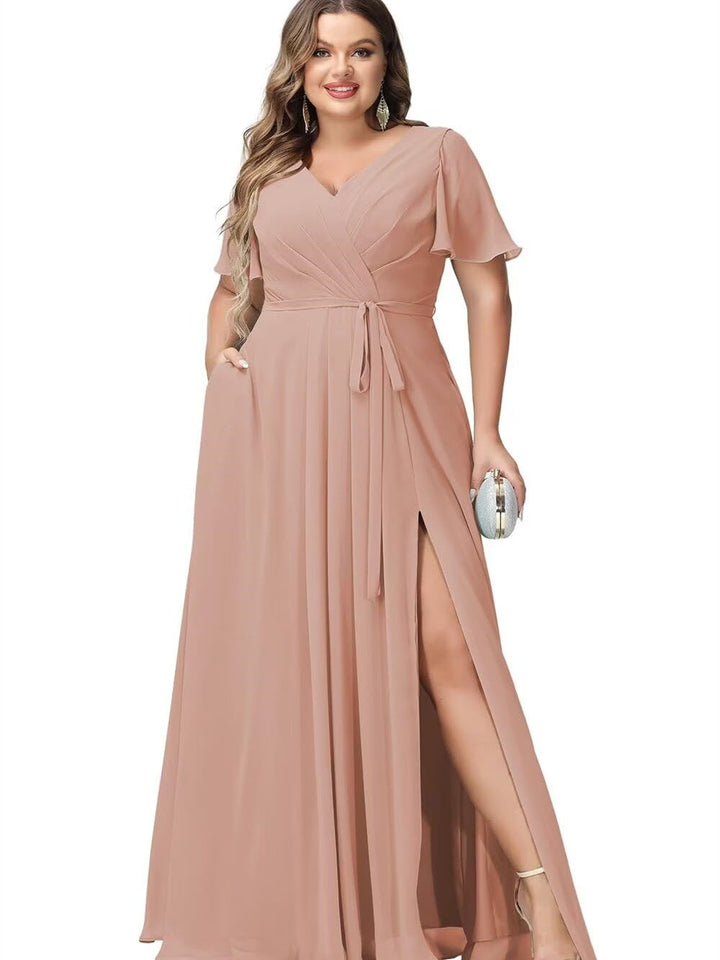 A-Line/Princess Chiffon V-Neck Short Sleeves Floor-Length Bridesmaid Dresses