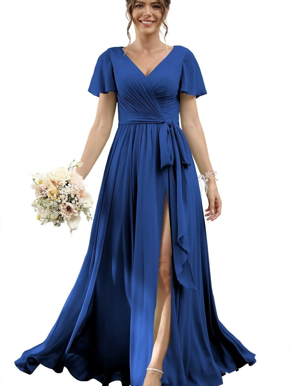 A-Line/Princess Chiffon V-Neck Short Sleeves Floor-Length Bridesmaid Dresses