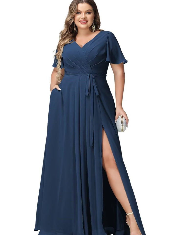 A-Line/Princess Chiffon V-Neck Short Sleeves Floor-Length Bridesmaid Dresses