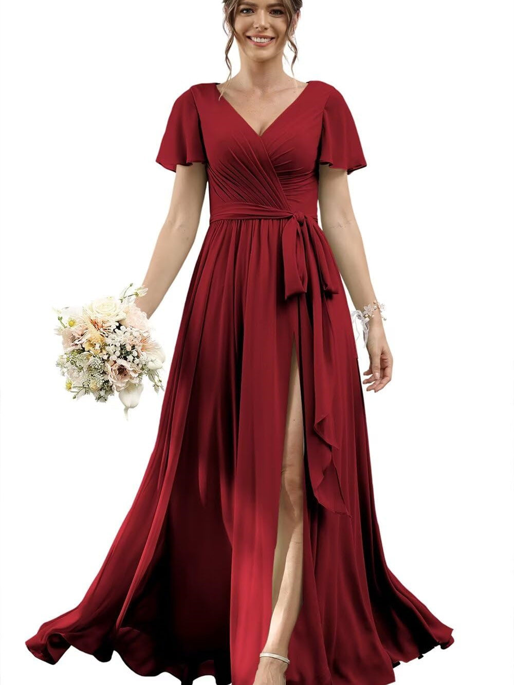 A-Line/Princess Chiffon V-Neck Short Sleeves Floor-Length Bridesmaid Dresses