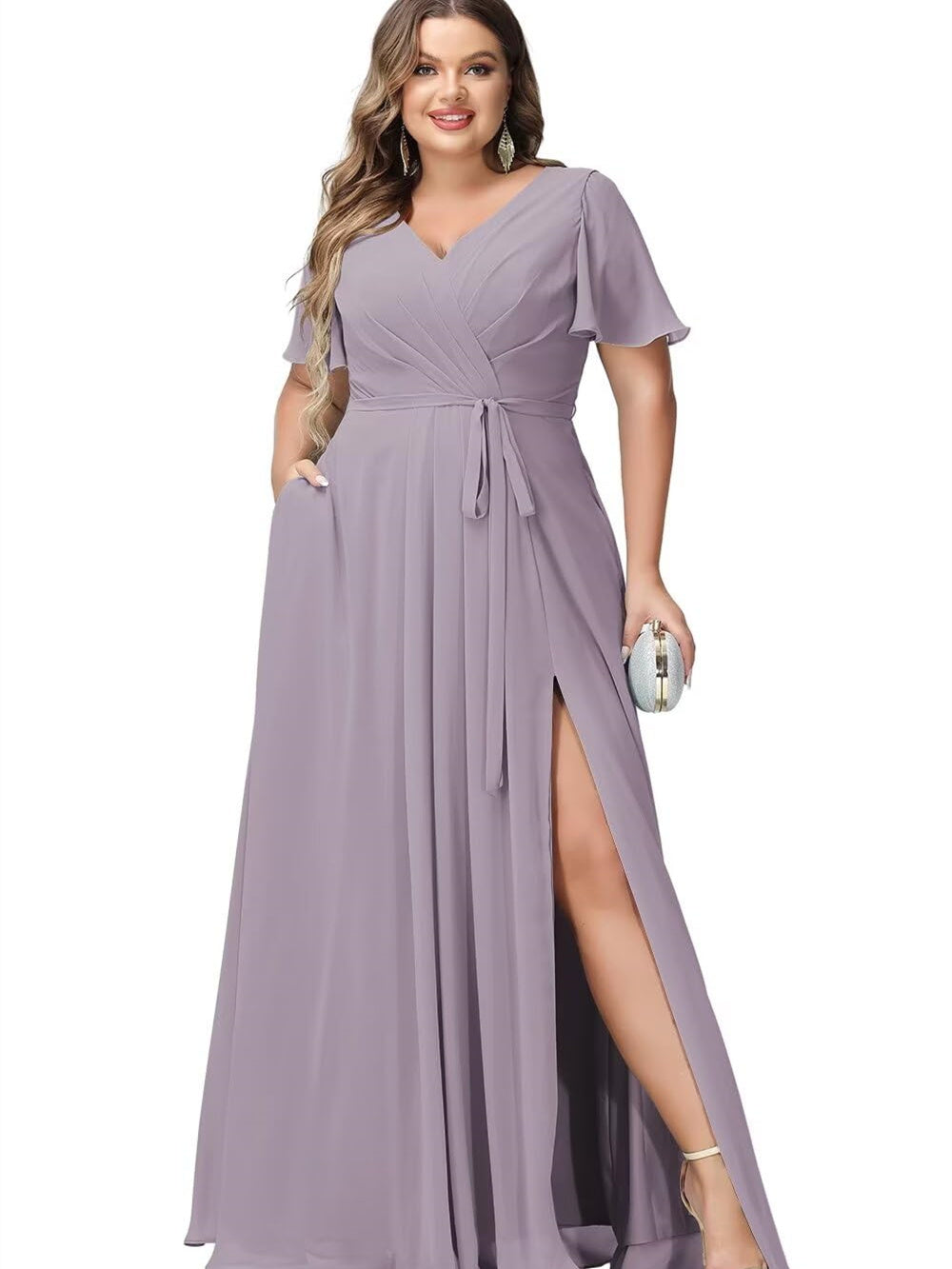 A-Line/Princess Chiffon V-Neck Short Sleeves Floor-Length Bridesmaid Dresses