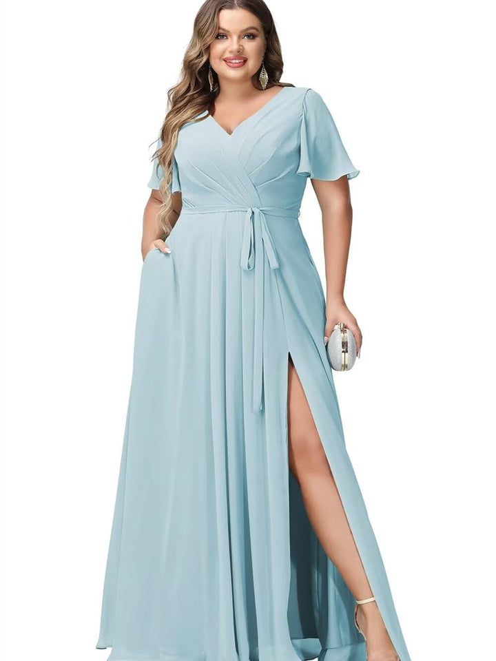 A-Line/Princess Chiffon V-Neck Short Sleeves Floor-Length Bridesmaid Dresses