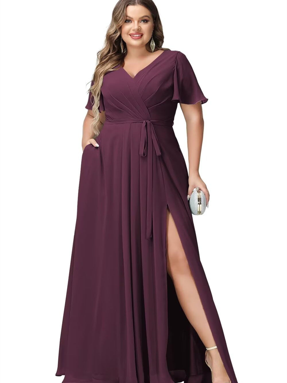 A-Line/Princess Chiffon V-Neck Short Sleeves Floor-Length Bridesmaid Dresses