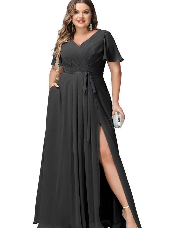 A-Line/Princess Chiffon V-Neck Short Sleeves Floor-Length Bridesmaid Dresses