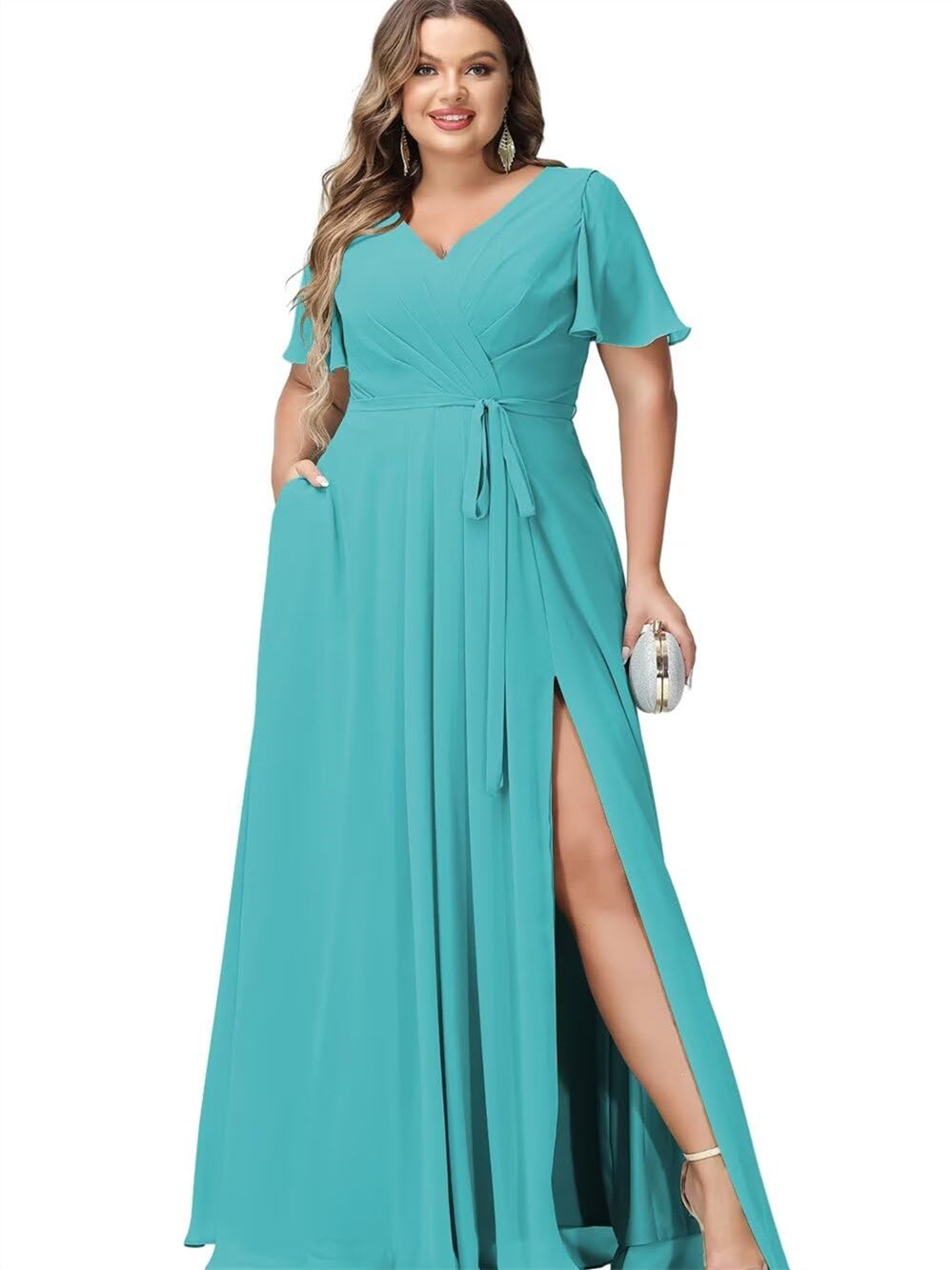 A-Line/Princess Chiffon V-Neck Short Sleeves Floor-Length Bridesmaid Dresses