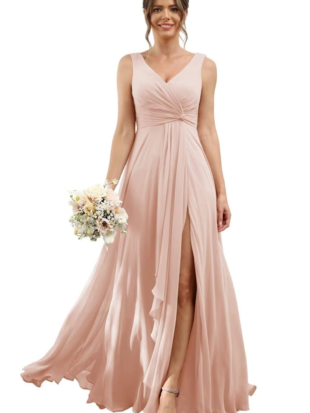 A-Line/Princess Chiffon V-Neck Short Sleeves Floor-Length Bridesmaid Dresses