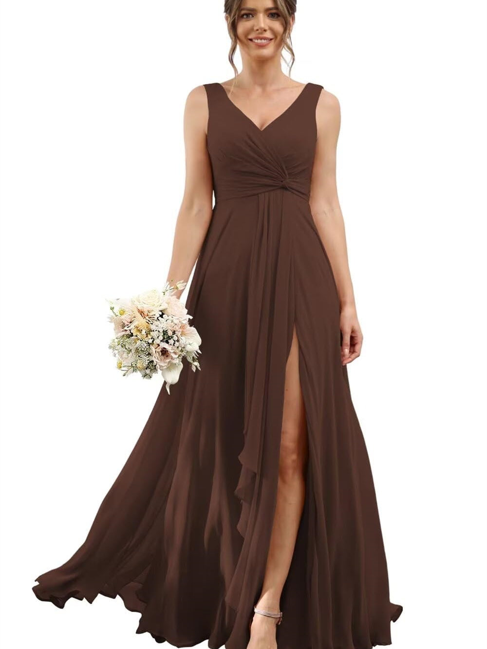 A-Line/Princess Chiffon V-Neck Short Sleeves Floor-Length Bridesmaid Dresses