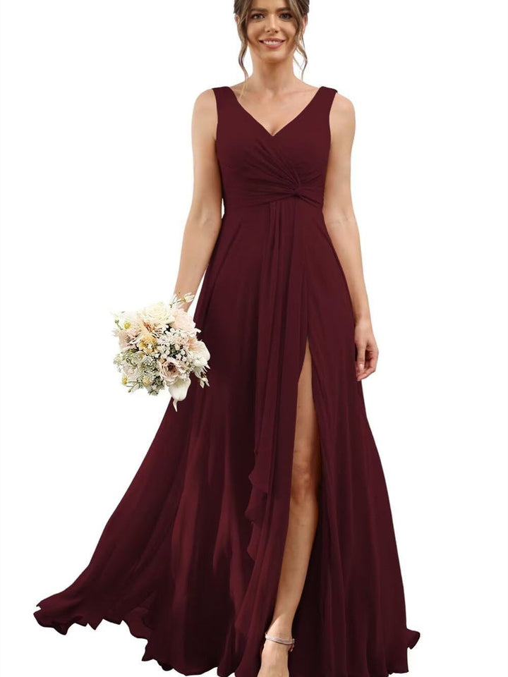 A-Line/Princess Chiffon V-Neck Short Sleeves Floor-Length Bridesmaid Dresses