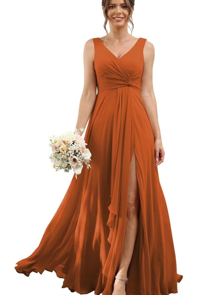 A-Line/Princess Chiffon V-Neck Short Sleeves Floor-Length Bridesmaid Dresses