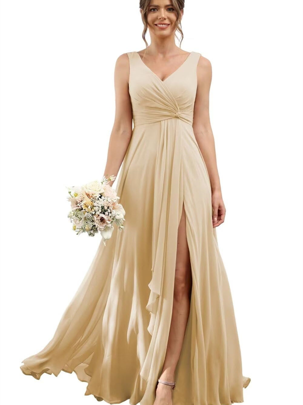 A-Line/Princess Chiffon V-Neck Short Sleeves Floor-Length Bridesmaid Dresses