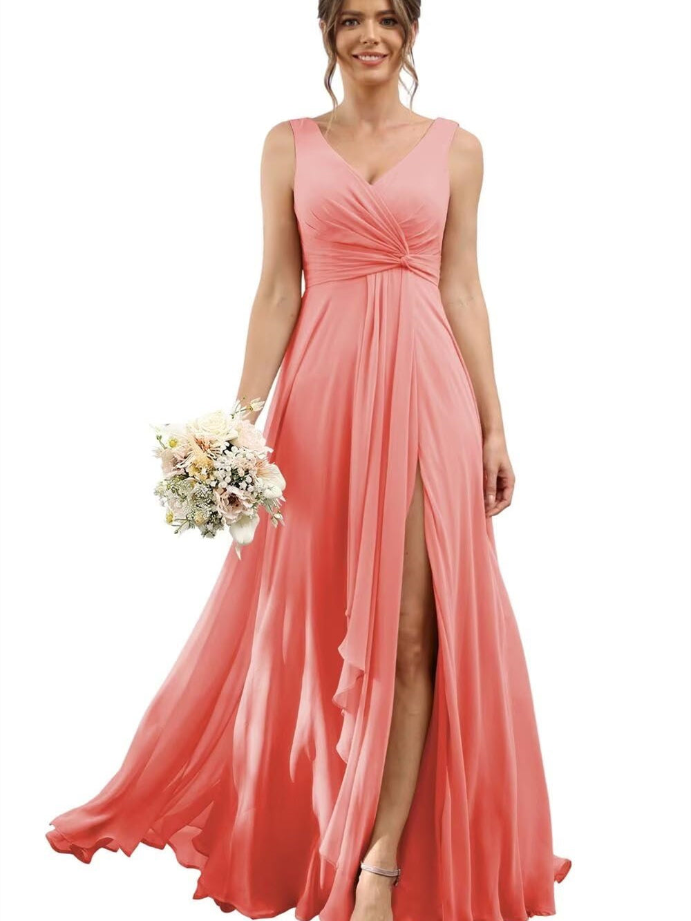 A-Line/Princess Chiffon V-Neck Short Sleeves Floor-Length Bridesmaid Dresses