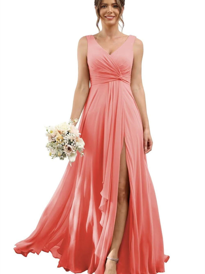 A-Line/Princess Chiffon V-Neck Short Sleeves Floor-Length Bridesmaid Dresses
