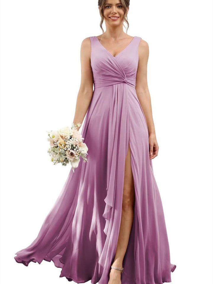 A-Line/Princess Chiffon V-Neck Short Sleeves Floor-Length Bridesmaid Dresses