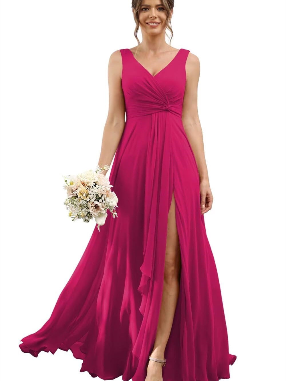 A-Line/Princess Chiffon V-Neck Short Sleeves Floor-Length Bridesmaid Dresses