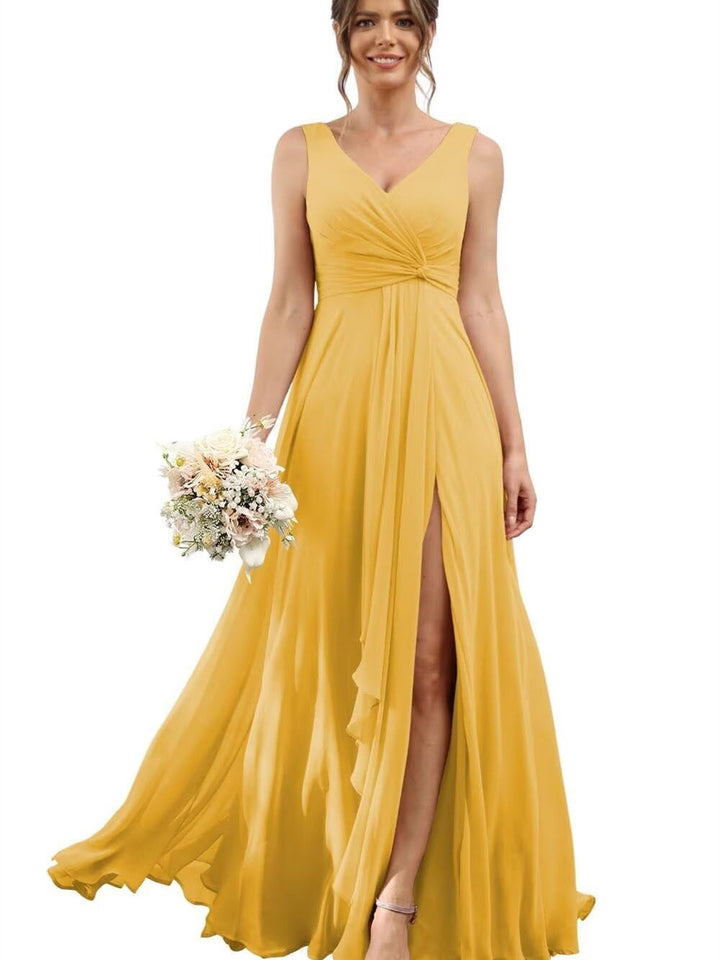 A-Line/Princess Chiffon V-Neck Short Sleeves Floor-Length Bridesmaid Dresses