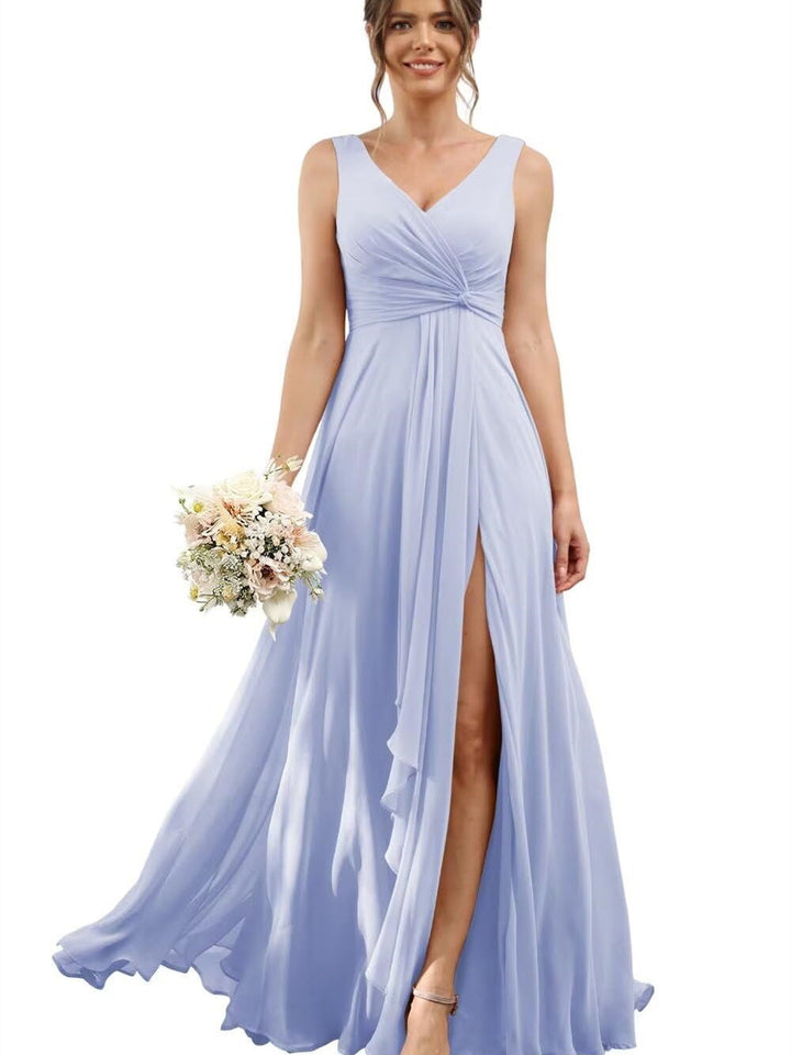 A-Line/Princess Chiffon V-Neck Short Sleeves Floor-Length Bridesmaid Dresses