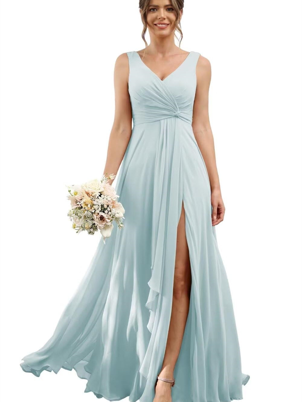 A-Line/Princess Chiffon V-Neck Short Sleeves Floor-Length Bridesmaid Dresses