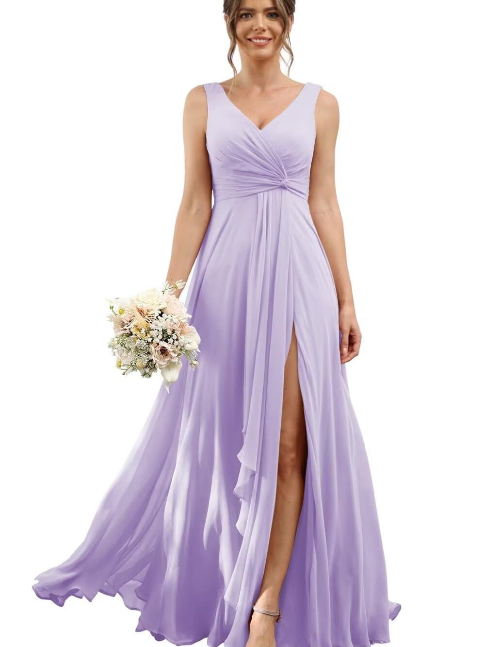 A-Line/Princess Chiffon V-Neck Short Sleeves Floor-Length Bridesmaid Dresses