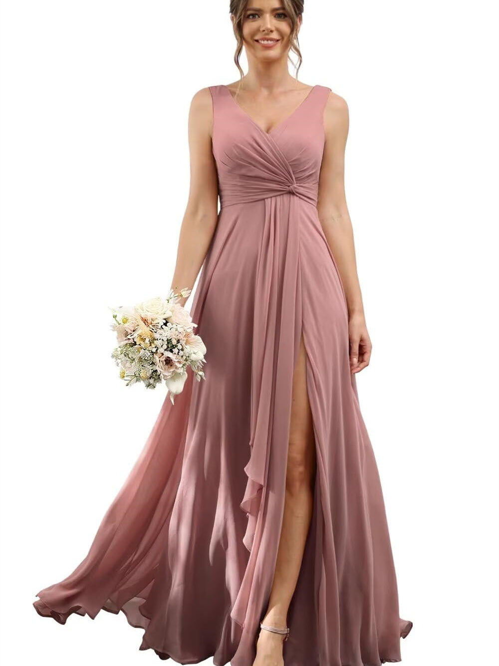 A-Line/Princess Chiffon V-Neck Short Sleeves Floor-Length Bridesmaid Dresses