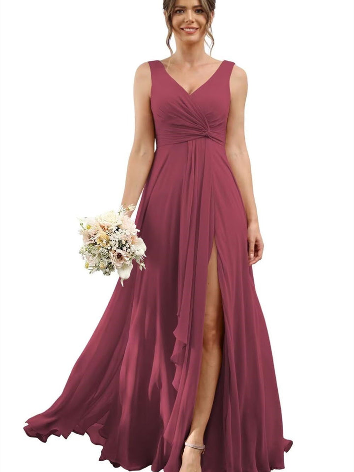 A-Line/Princess Chiffon V-Neck Short Sleeves Floor-Length Bridesmaid Dresses