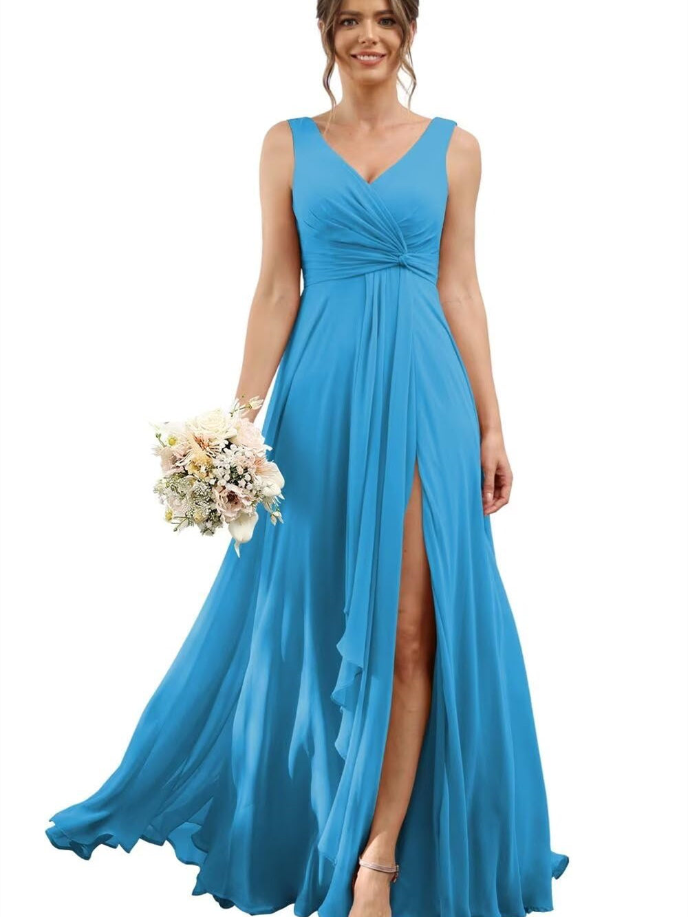 A-Line/Princess Chiffon V-Neck Short Sleeves Floor-Length Bridesmaid Dresses