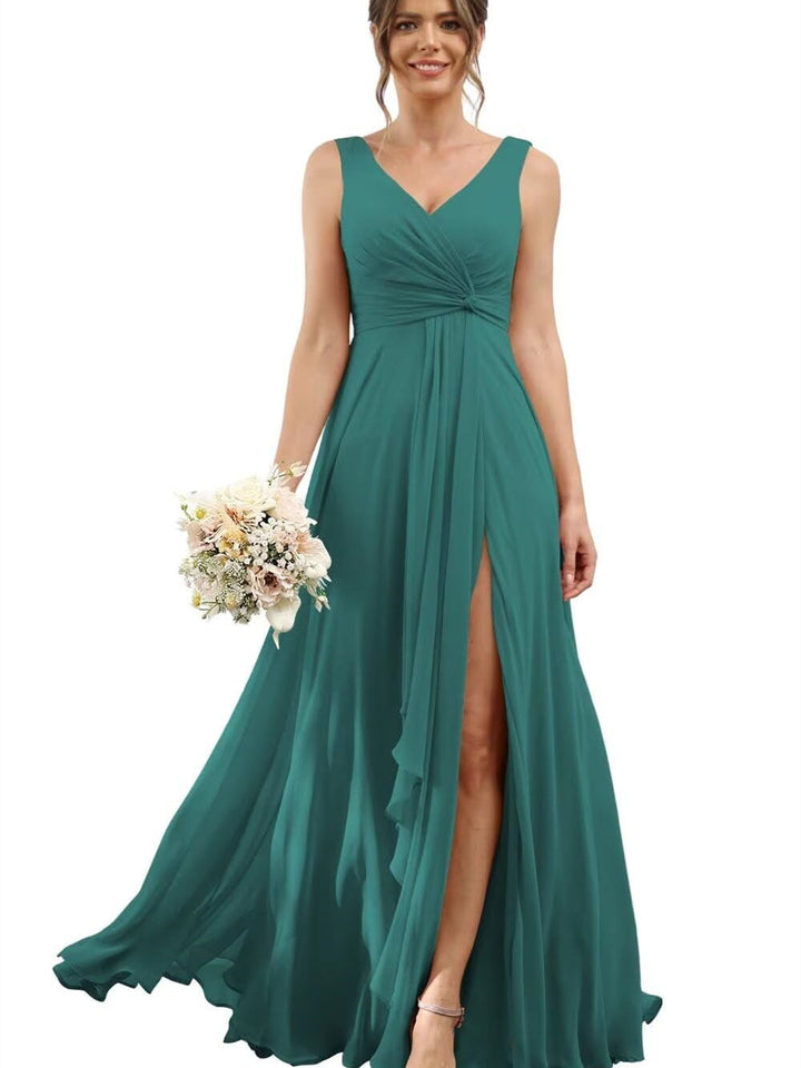 A-Line/Princess Chiffon V-Neck Short Sleeves Floor-Length Bridesmaid Dresses