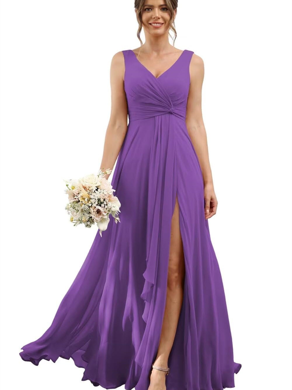A-Line/Princess Chiffon V-Neck Short Sleeves Floor-Length Bridesmaid Dresses