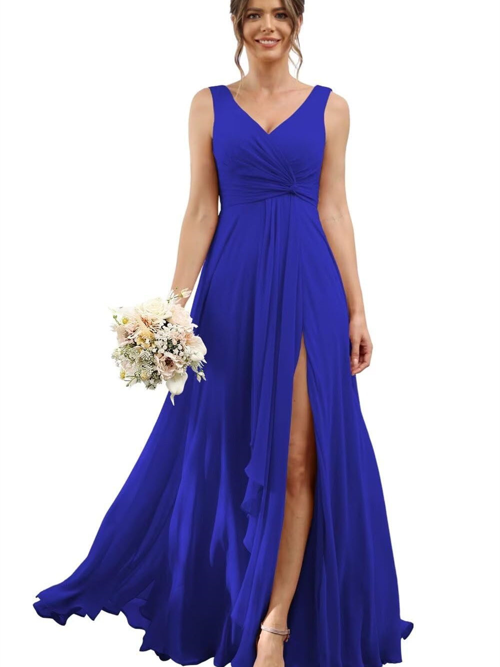 A-Line/Princess Chiffon V-Neck Short Sleeves Floor-Length Bridesmaid Dresses