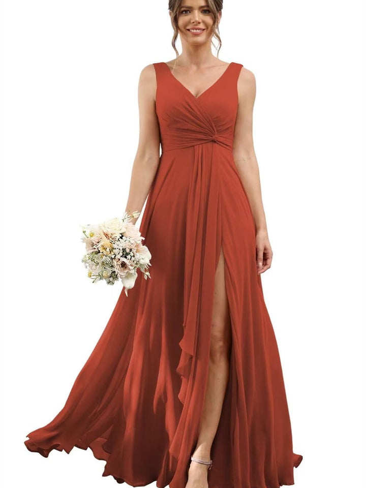 A-Line/Princess Chiffon V-Neck Short Sleeves Floor-Length Bridesmaid Dresses