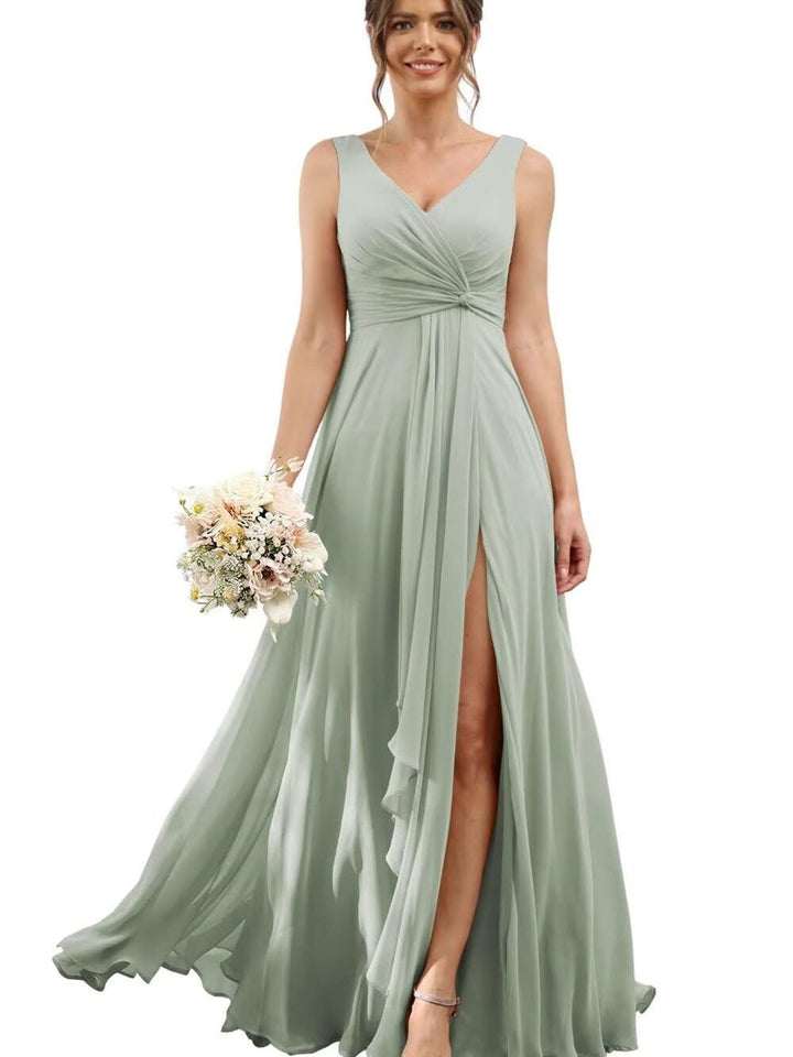 A-Line/Princess Chiffon V-Neck Short Sleeves Floor-Length Bridesmaid Dresses