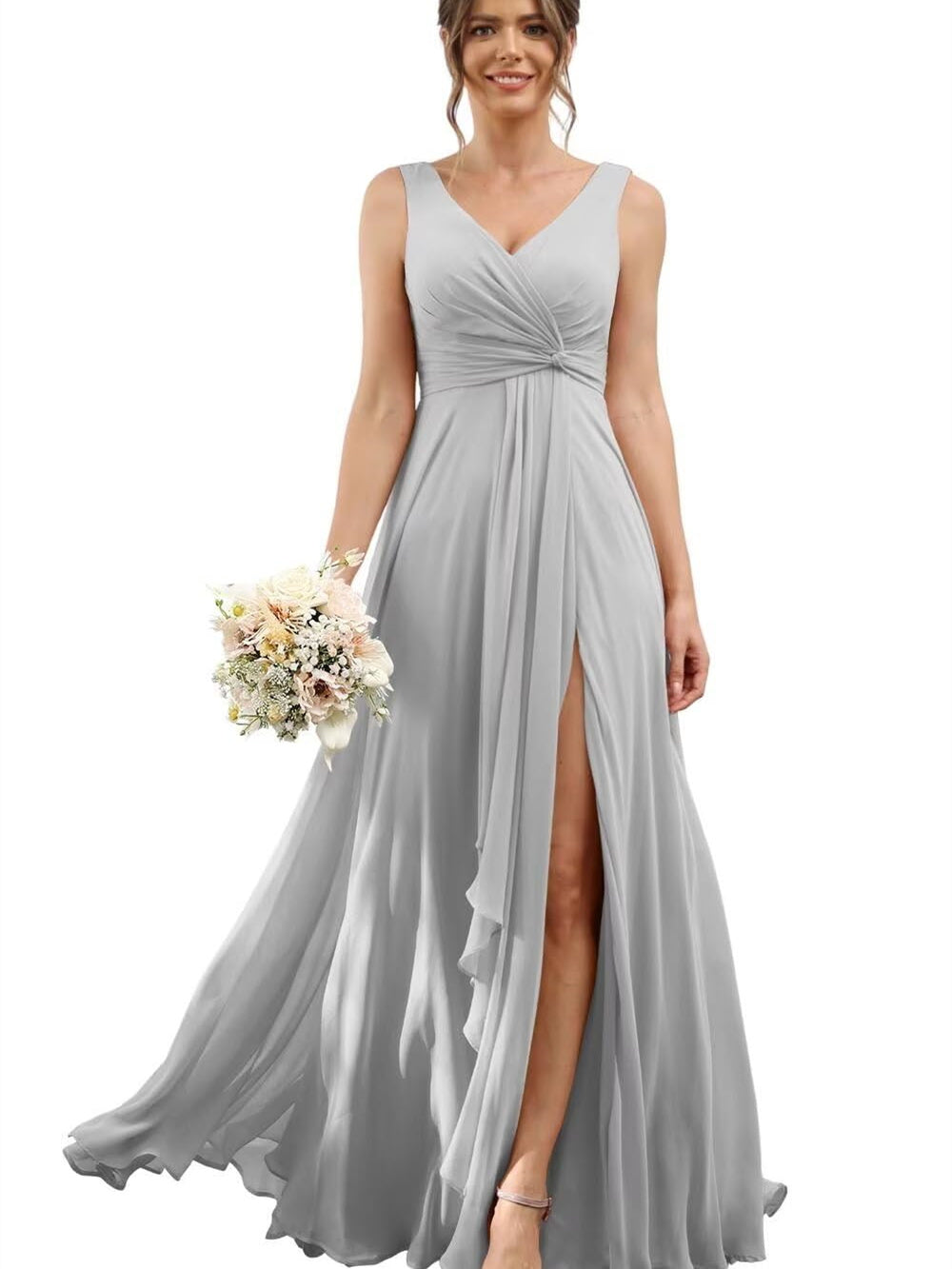 A-Line/Princess Chiffon V-Neck Short Sleeves Floor-Length Bridesmaid Dresses