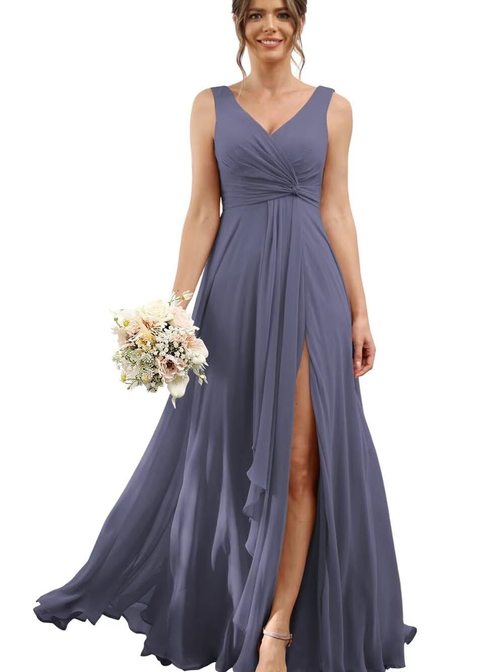 A-Line/Princess Chiffon V-Neck Short Sleeves Floor-Length Bridesmaid Dresses