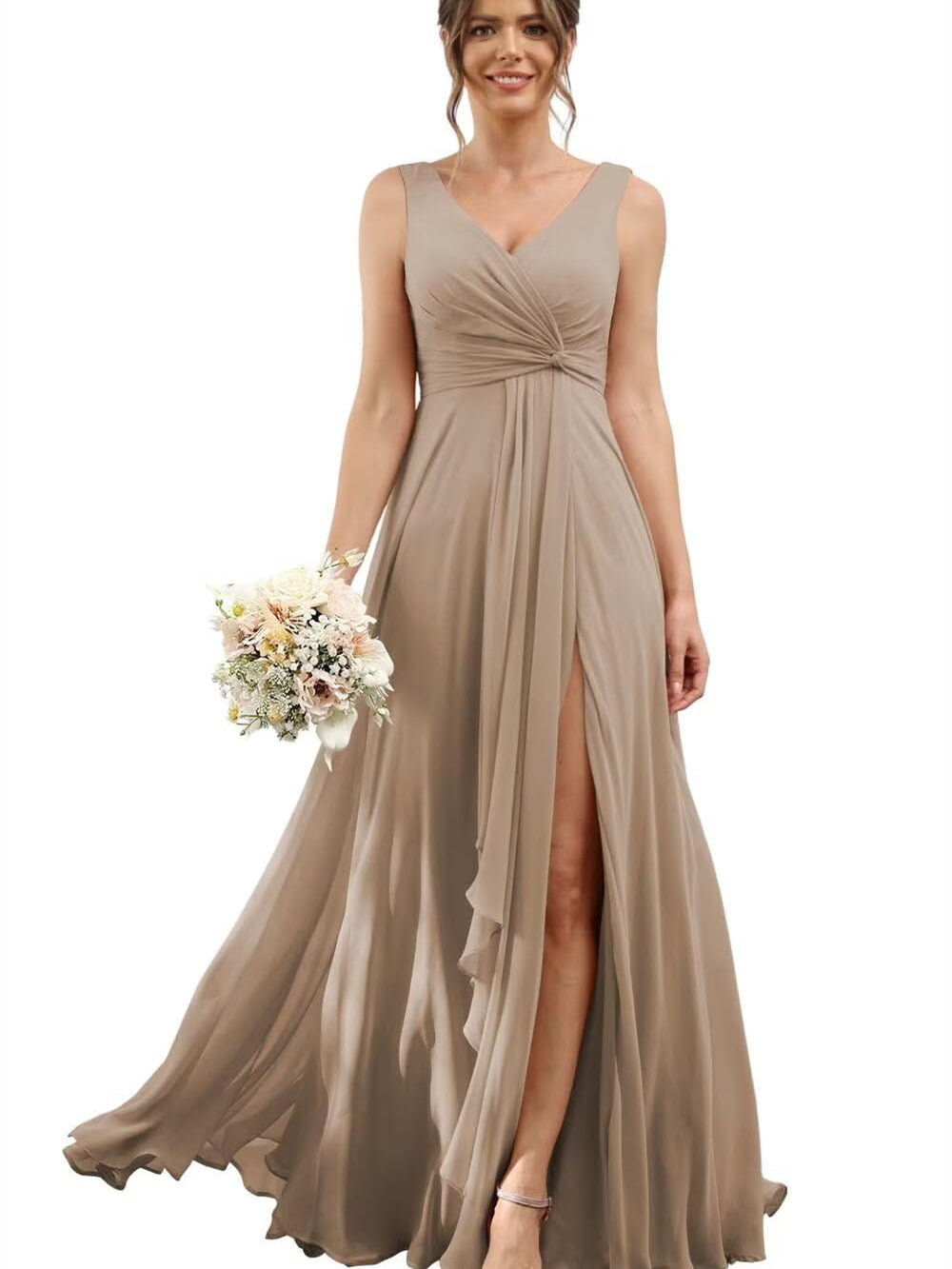A-Line/Princess Chiffon V-Neck Short Sleeves Floor-Length Bridesmaid Dresses