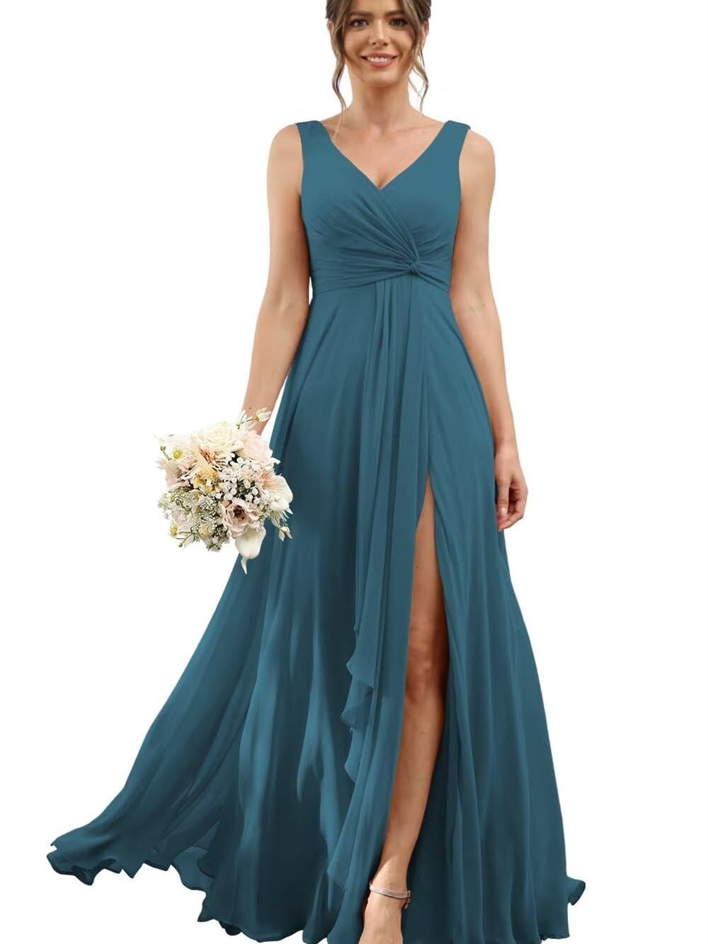 A-Line/Princess Chiffon V-Neck Short Sleeves Floor-Length Bridesmaid Dresses