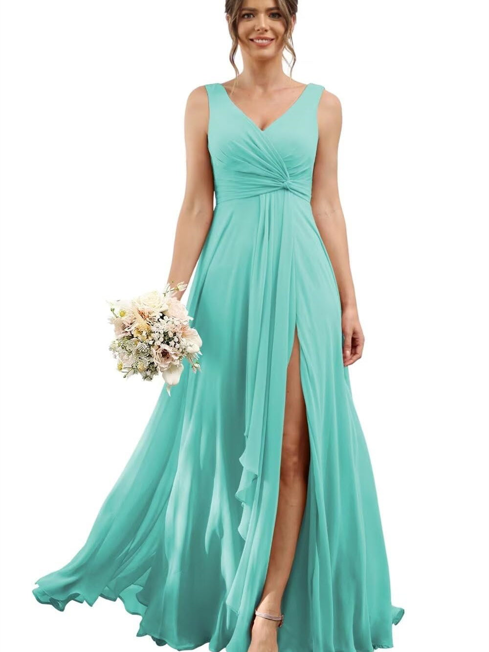 A-Line/Princess Chiffon V-Neck Short Sleeves Floor-Length Bridesmaid Dresses
