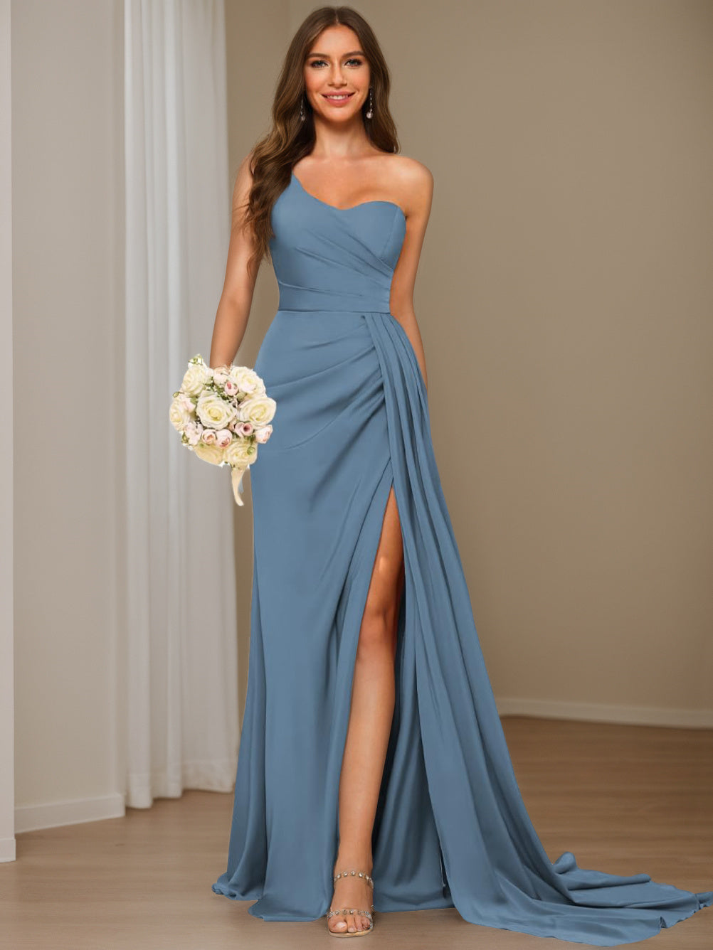 A-Line/Princess Satin One-shoulder Sleeveless Floor-Length Bridesmaid Dresses