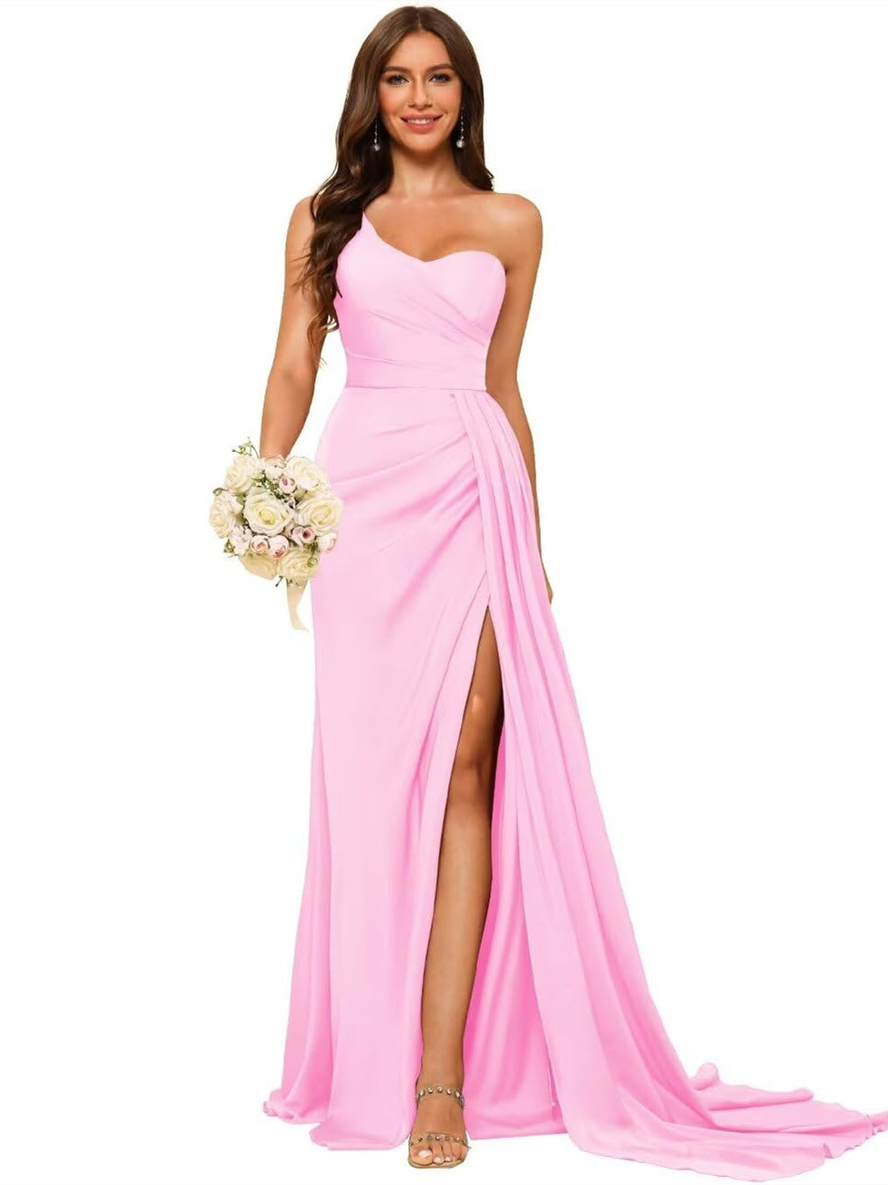 A-Line/Princess Satin One-shoulder Sleeveless Floor-Length Bridesmaid Dresses