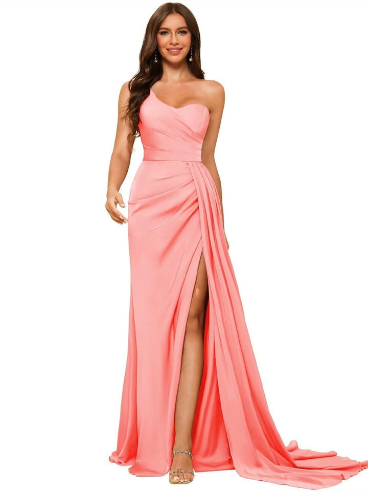 A-Line/Princess Satin One-shoulder Sleeveless Floor-Length Bridesmaid Dresses